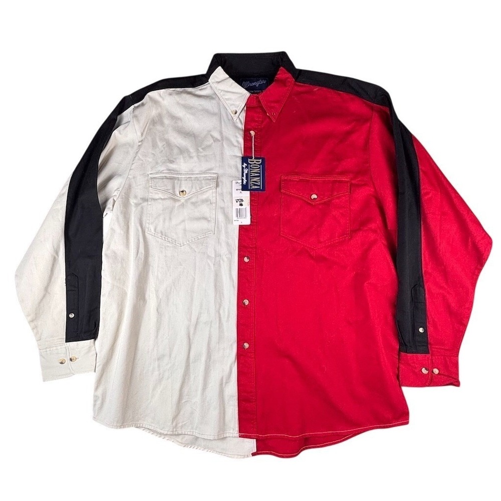 Wrangler Bonanza Western Shirt Men's XL Red White Black Colorblock Snap LS